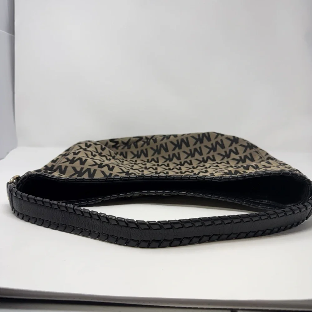 Michael Kors MK Logo Jacquard Hobo Shoulder Bag Black Tan Tassel Charm